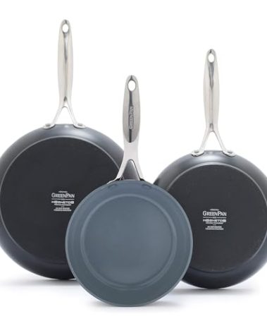 GreenPan Valencia Pro Hard Anodized 3 Piece Fry Pan Skillet Set, Ceramic Nonstick 8" 9.5" and 11" Induction Suitable Frying Pans, PFAS-Free Cookware, Dishwasher Safe, Oven and Broiler Safe, Gray