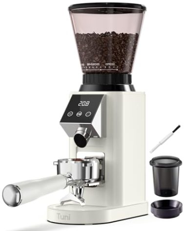 Tuni G1 Conical Burr Coffee Grinder, 48 Grind Settings Anti-static Burr Mill, Precision Electronic Timer and LED Touchscreen for Espresso/Drip/Cold Brew/French Press, Stainless Steel, Ivory