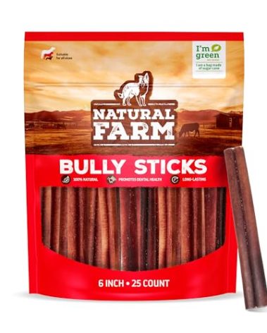 Natural Farm Odor-Free Bully Sticks (6 Inch, 25 Pack), 1.3 lb. Bag, Fully Digestible 100% Beef Pizzle Chews, Grass-Fed, Non-GMO, Grain-Free, Natural Long-Lasting Chews for Small & Large Dogs