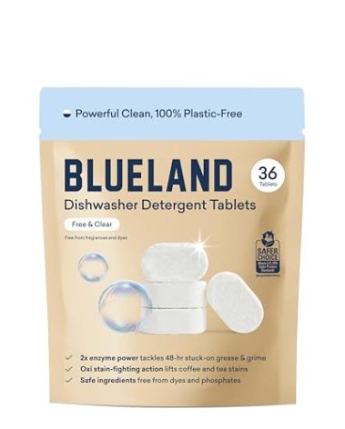 BLUELAND 100% Plastic-Free Dishwasher Detergent Tablets, 36 Count, Free & Clear, Eco-Friendly Dishwashing Pods, Natural, Sustainable