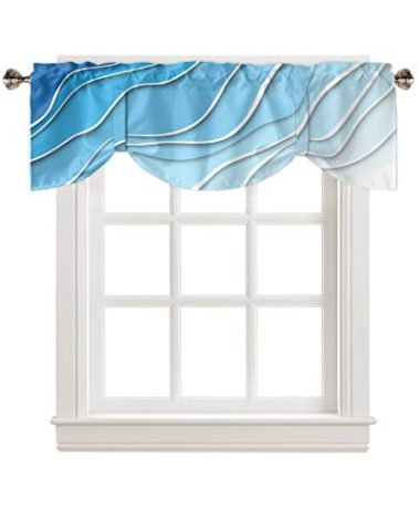 BestLives Tie Up Valance for Windows Winter Blue White Ombre Rod Pocket Valance Window Treatments Geometric Ocean Abstract Short Curtains for Kitchen Windows Bathroom Bedroom, 54 x 18 in + Ties