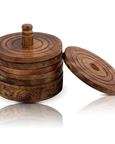 Wooden Drink Coasters Set of 6 with Holder for Drinks Beverages Glasses Tea Cup Coffee Mug Natural Handcrafted Tabletop Protection from Spills & Marks Rustic Style Large Round Non Slip 3.75 Inches
