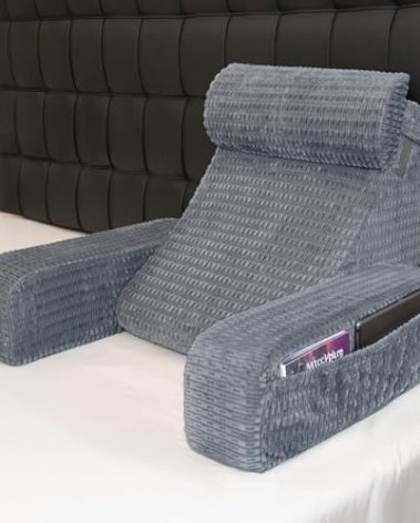 Selectico Reading Pillow for Bed, 19" Back Pillow for Bed Sitting up, Big Pockets & Built-in Arms, Backrest Cushion, Wedge Support for Reclining/Reading/Resting/Watching TV, Washable Cover, Grey