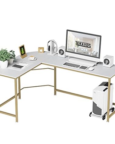 Teraves Reversible L Shaped Desk White - 57.9" Corner Gaming Computer Desk, Office Workstation Modern Home Study Writing Wooden Table