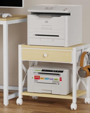 EasyCom 2-Tier Desktop Printer Stand with Large Drawer, Under Desk Storage with Wheels, Small Shelf with Storage for Paper Storage Printer Scanner Fax Home Office Use Beige