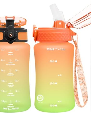 OLDLEY Kids Water Bottle for School, 12 oz (2 lids) BPA-Free Reusable Leak-proof Durable Tritan Plastic Water Bottles with Straw & Chug Lids, Anti-dust Spout Cover (Sweet Orange)