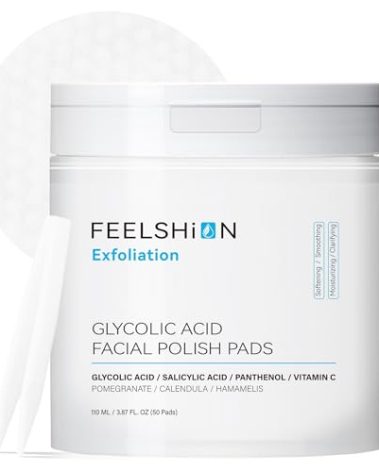 FEELSHION Glycolic Acid Exfoliating Face Pads | Exfoliation with Salicylic Acid & Vitamins C, E | Hydrating & Firming with Hyaluronic Acid & Calendula | Cruelty-Free, Dermatologist-Tested (50 Pads)