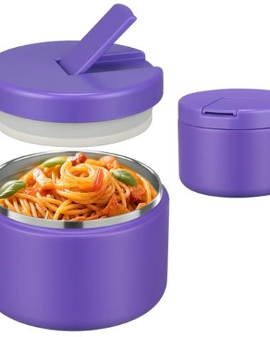Pawtong 12oz Insulated Vacuum Food Jar with Buckle Lid Wide Mouth Soup Thermo for Hot Food Kids Leakproof Stainless Steel Lunch Container (Purple, 12OZ)