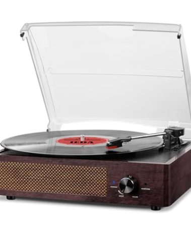 Mersoco Vinyl Record Player Bluetooth Belt-DriveTurntable with Built-in Speakers, RCA Line Out AUX in Headphone Jack,3-Speed,Brown