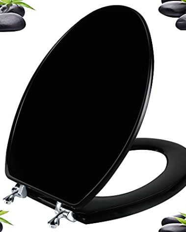 Black Elongated Toilet Seat Natural Wood Toilet Seat with Zinc Alloy Hinges, Easy to Install also Easy to Clean, Scratch Resistant Toilet Seat by Angol Shiold (Elongated, Black)