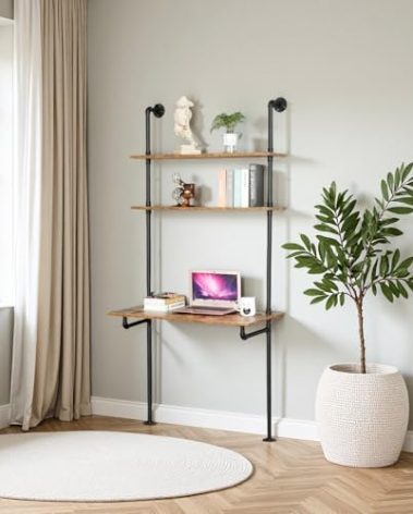 ZIOTHUM Industrial Wall Mount Desk with Shelves, Ladder Style Computer Laptop Desk, Floating Table with Storage, Industrial Pipe Bookcase for Home Office (36x20x81)