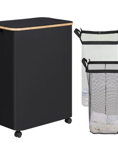 efluky Double Laundry Hamper with Wheels, Divided Laundry Hamper with Removable Bags, 2 Section Dirty Clothes Basket with Handles for Bathroom, Bedroom & Laundry Room, 160L Dark Black