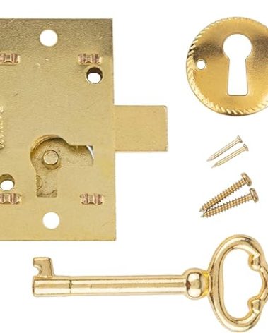 Small Brass Plated Flush Mount Cabinet Door Lock with Key - 1" Wide x 1 3/4" High - Vintage Lock and Key for Furniture Doors and Drawers | UA-030-LPB