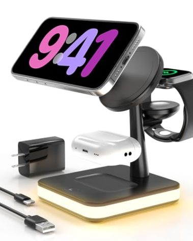4 in 1 Wireless Charging Station with Light for Apple,Magnetic Wireless Charger Stand for iPhone 16/15/14/13/12,Apple Watch Series 10/9/8/7/Ultra 2/SE 2,Air-Pods 4/3/Pro/2,Mag-safe Charger Dock(Black)
