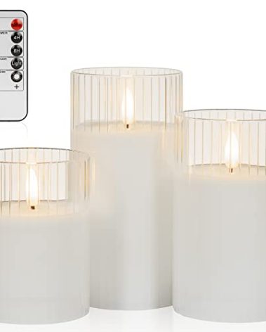 ANGELLOONG Clear Glass Flickering Flameless Candles Battery Operated with Remote Control, LED Pillar Candles with Timer, Romantic Candles for Bathroom Home Decor, Set of 3