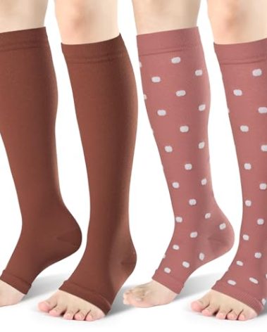 cerpite Open Toe Compression Socks Women & Men-2 Pairs 15-20 mmHg Knee High Stockings for Circulation Support