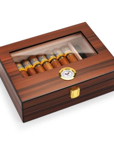 Bald Eagle Cigar Humidor Box, Glass Top Cedar Case with Humidifier Hygrometer, Handmade Desktop Box Holds 15-20 Cigars