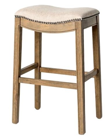 Maven Lane Adrien Backless Bar Stool – 31 Inch Saddle Seat with Footrest – Natural Solid Wood Frame & Natural Fabric Upholstery – Ideal for Bars, Pub Tables & Tall Kitchen Counters