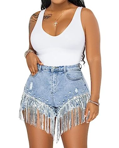 LifeShe Women Summer Denim Short High Waisted Ripped Rhinestone Pearl Beaded Fringe Tassels Frayed Raw Hem Jean Shorts