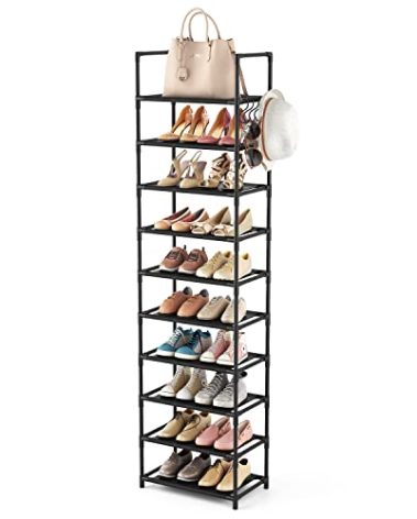 LANTEFUL 10 Tiers Tall Shoe Rack 20-25 Pairs Boots Organizer Storage Sturdy Narrow Shoe Shelf for Entryway, Closets with Hooks, Black