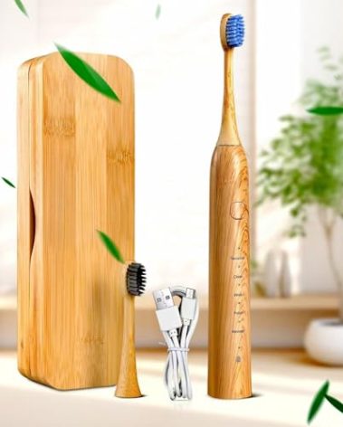 Sonic Electric Bamboo Toothbrush for Adults - Bamboo Design with Soft Bristles - 5 Adjustable Cleaning Modes - Upgraded IPX7 Waterproof Technoloy for Adults