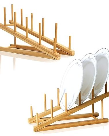 TIE-DailyNec 2 PCS Wooden Dish Rack Bamboo Drying Rack Stand Pot Lid Holder Kitchen Cabinet Organizer for Dish Plate Bowl Cup Pot Lid Cutting Board