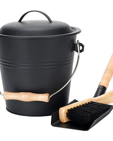 1.5-Gallon Metal Ash Bucket with Lid, Shovel, Broom - For Fireplaces, Wood Stoves