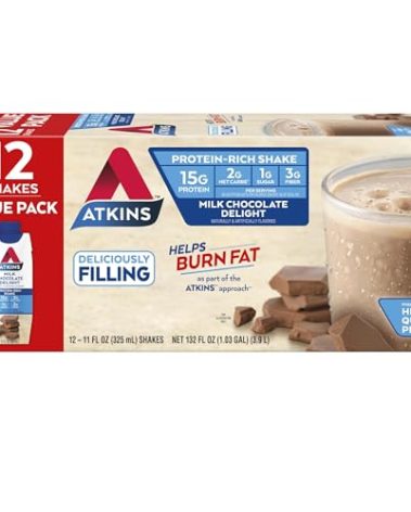Atkins Milk Chocolate Delight High Protein Shake, 15g Protein, Low Glycemic , 2g Net Carb, 1g Sugar, Keto Friendly , Chocolate Flavored Protein Shakes, 12 Count
