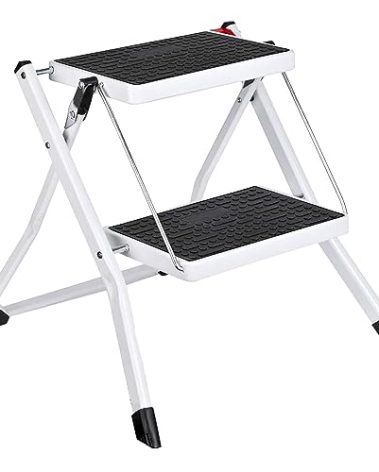 Delxo Portable Collapsible Lightweight Alloy Steel 2 Step Mini Stool Stepladder with Anti Slip Carry Hand Grip and Wide Pedal for Indoor Use, White