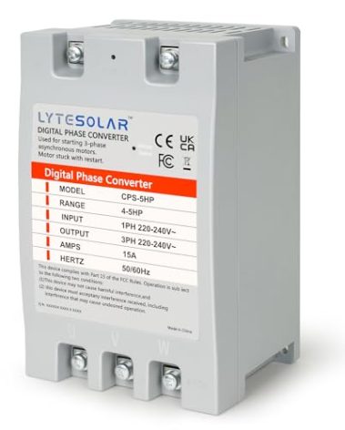 Single Phase to 3 Phase Converter, LyteSolar 5HP Digital Phase Shifter, 23A 220V-240V Input/Output for Electric Tools/Motors/Mechanical Equipment