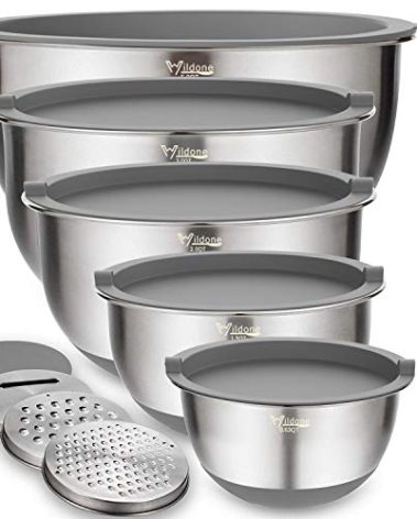 Wildone Mixing Bowls with Airtight Lids Set, 5PCS Stainless Steel Nesting Bowls Set for Kitchen, with Grater Attachments & Non-Slip Bottoms, Size 5, 3, 2, 1.5, 0.63 QT, Great for Baking & Serving