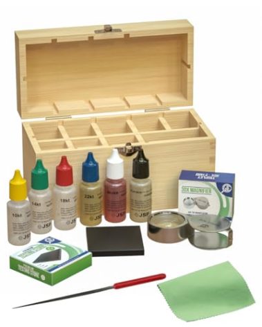 GTE Precious Metal Jewelry Testing Kit Gold Silver Platinum Test Acids Wooden Box 30X Eye Loupe 10K 14K 18K 24K Needle File Cloth Acid