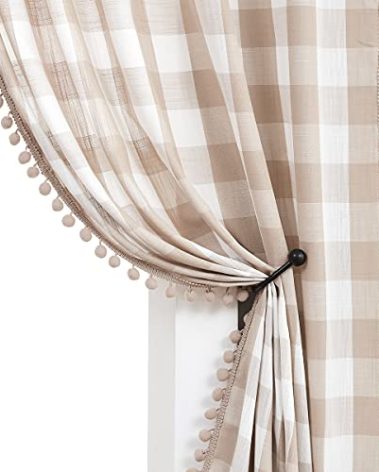 Treatmentex Pompom Buffalo Plaid Curtains 45" Kitchen Curtains Rustic Farmhouse Tan and White Check Curtain Panels for Small Windows Basement Bathroom Rod Pocket 2pcs