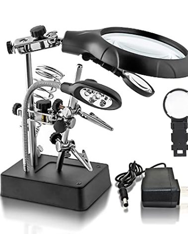 Desktop LED Lighted Magnifying Glass Soldering Station, mlogiroa Adjustable Helping Hands Magnifier 2.5X 7.5X 10X Magnifying Glass Magnifier Station with LED Light and Alligator Clips for Soldering