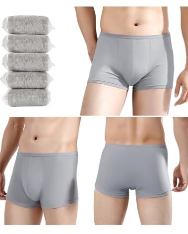 5 Packs Mens Disposable 100% Cotton Underwear Boxers Portable Shorts for Travel Fitness Swimming Hotel Spa Hospital Stays （Grey-5pcs,XL)