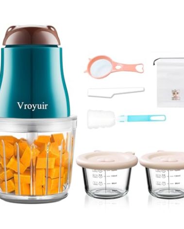 Vroyuir Baby Food Maker, 600ML Baby Food Blender with 10 Blades, Baby Food Processor for Baby Food, Fruit, Vegatable, Meat, with Two 200ml Glass Bowls, Storage Bag, Cleaning Brush, Scraper