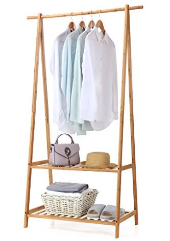 Finnhomy Bamboo Clothes Rack Portable Extra Large Garment Rack 2-Tire Storage Box Shelves For Entryway and Bed Room Patented Design