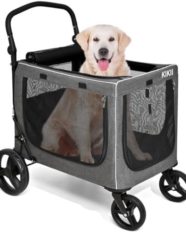 KIKII Extra Large Dog Stroller for Large & Medium Dogs, Adjustable Handlebar and Brakes, 4 Wheels, Reflective, Lightweight Folding, Breathable Mesh, 132 lbs Capacity, for Travel Walking Outdoor