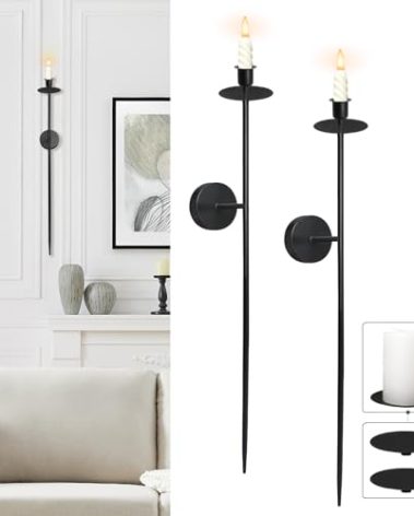 Black Wall Candle Sconces Holder Set of 2, Long Candles Sconce Wall-Mounted Decor for Home Modern & Vintage, Large Metal Candlestick Art for Dining Room, Fireplace, Living Room, Bedroom 23.5''