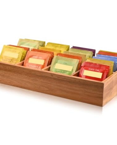 Acacia Wood Tea Bag Organizer with 8 Slots – Tea Bag Holder and Tea Organizer, Sugar Packet Storage for Countertops