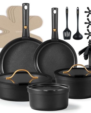 CAROTE 20pcs Pots and Pans Set Non Stick, Nonstick Cookware Set, Dishwasher/Oven/Fridge Safe Pots and Pans, Removable Handle RV Oven Safe Cookware, Induction Kitchen Set, Black