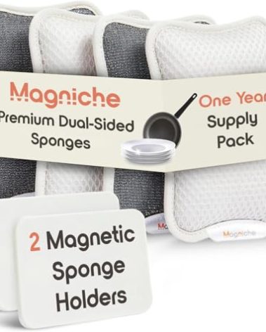 Magniche 3-in-1 Dishwashing Cleaning Kit - Magnetic Sponge Holder for Kitchen Sink w/ 4-Pack Dual-Sided Dish Sponges Kitchen Set - Reusable Sponges for Dishes & Magnetic Dish Sponge System Starter Kit