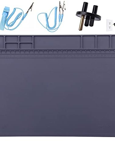 Anti-Static Mat ESD Safe for Electronic Includes ESD Wristband and Grounding Wire, HPFIX Silicone Soldering Repair Mat 932°F Heat Resistant for iPhone iPad iMac, Laptop, Computer, 15.9” x 12” Grey