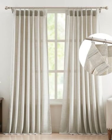 FMFUNCTEX Pinch Pleated Curtains 96 Inches Long for Living Room, Beige Semi Sheer Faux Linen Textured Pleat Drapes for Bedroom with Hooks, Light Filtering Neutral Farmhouse Window Drapes 2 Panels