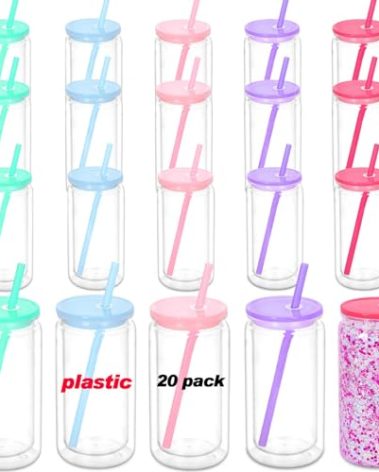 Maucircol 16 Oz Acrylic Snowglobe Tumbler, 20 Pack Pre-Drilled Double Wall Plastic Clear Cup for Glitter Snow Globe Diy, Double Wall Plastic Snowglobe Cup with Colorful Lid