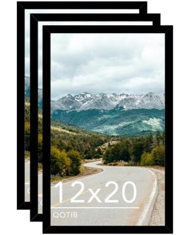 QOTIB Wood 12x20 Picture Frame Black for Wall Hanging, 12 x 20 Frame Photo Frame for Wall Horizontally or Vertically, Black, 3 Pack