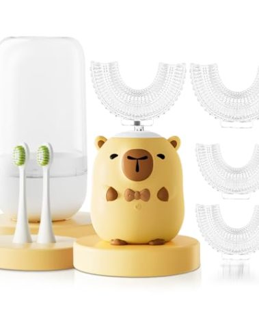 ELOTAME Kids Electric Toothbrush U Shaped - Cartoon Capybara with 6 Brush Heads Full Mouth Degree Cleaning Sonic Toddler Automatic Toothbrush with IPX7 Waterproof (Capybara 2-14 Years)