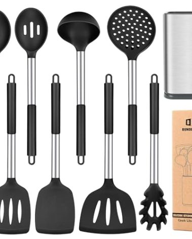 Silicone Cooking Utensil Set, 8Pcs Non-stick Cookware with Stainless Steel Handle, BPA Free Heat Resistant Kitchen Tools with Spatulas, Turners, Spoons, Skimmer and Pasta Fork