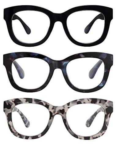 AMOMOMA 3 Pack Retro Oversized Reading Glasses for Women Blue Light Blocking Computer Readers Spring hinge AM6003 with Black+Blue+Grey Tortoise Frame 2.00 x