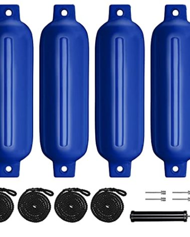 Sailortenx Boat Fenders 4 Pack 4.5x16'' Inflatable Ribbed Marine Boat Fender Lines 6.5' Needles Pump for Boat Bumpers Fender for Docking Fenders Blue…